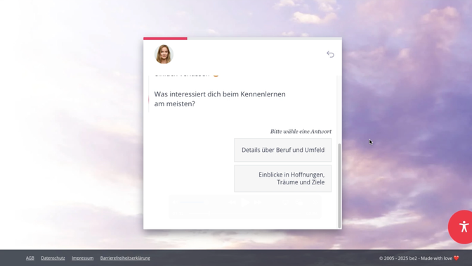 Bevor es ans Daten geht,  begegnest du erst einmal dem Chatbot. Er stellt dir ein paar Fragen zu deinen Dating-Profil. Auf diese Weise soll die Matchinggenauigkeit verbessert werden.