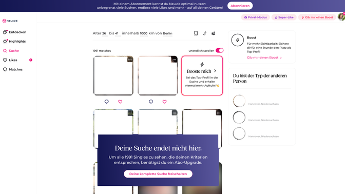 Um mal die Anzahl der Singles in deinem Umkreis abzuchecken, kannst du einfach auf das Suchfeld in der Navigation gehen und die passenden Entfernungsfilter einstellen. Funktioniert auch in der kostenfreien Version.