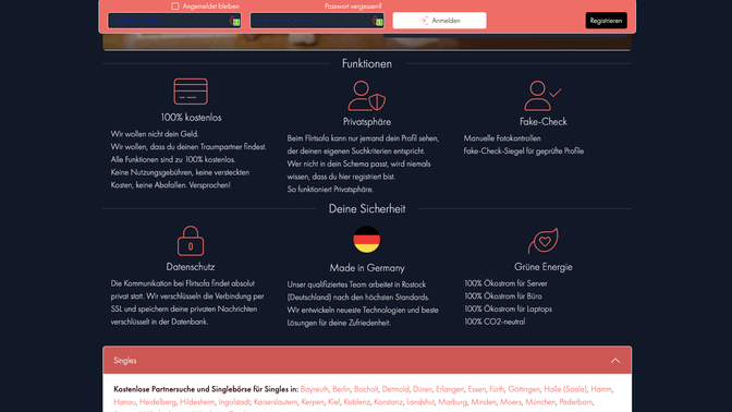 Direkt auf der Homepage findest du das große Versprechen “100 % kostenlos”. Und das stimmt, an keiner Stelle musst du für Flirtsofa irgendetwas bezahlen oder auf Funktionen verzichten.