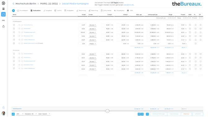 Ein Blick auf die Projektkalkulation mit der KI-generierten Smart Calculation
