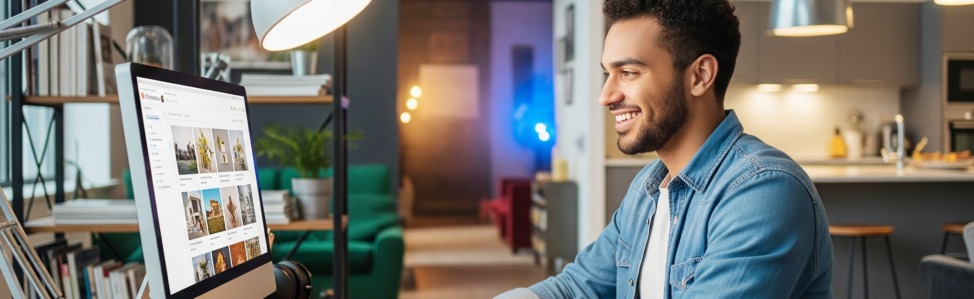 Man working on a computer at home with an open kitchen in the background
