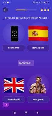 Bei Mondly lernst du Vokabeln mit kleinen Spielen; der Fokus liegt klar auf einer visuell ansprechenden Darstellung.