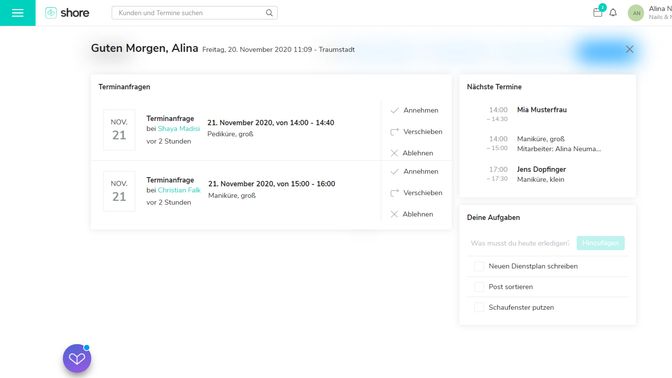 Das übersichtliche Dashboard von Shore
