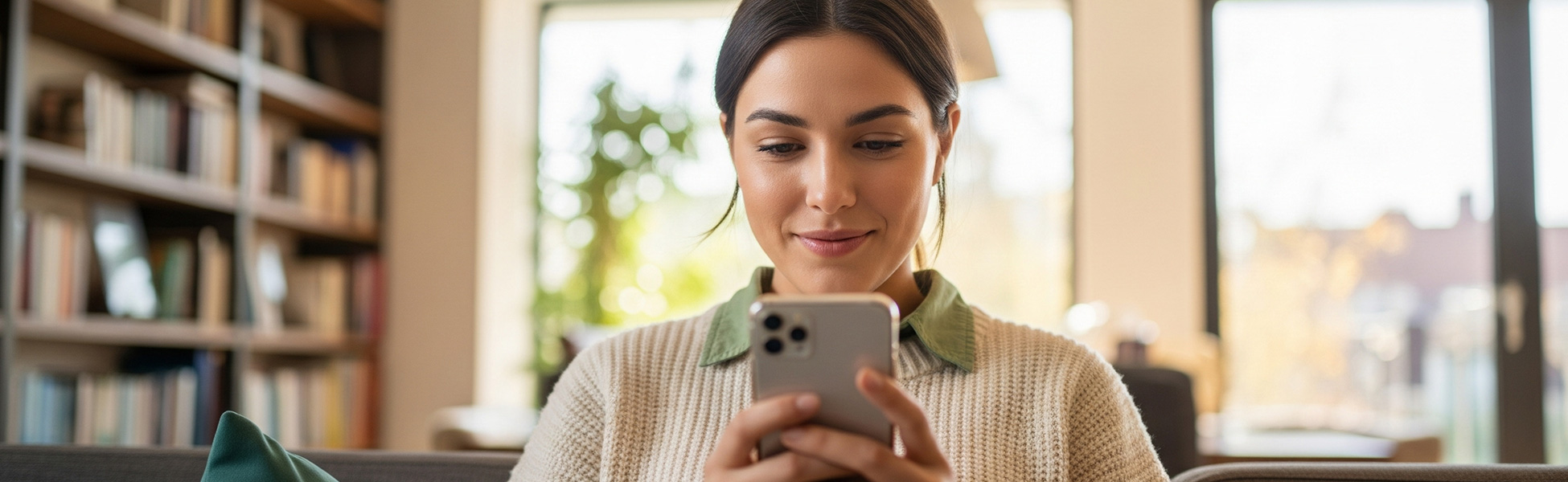 Woman using smartphone in a library setting