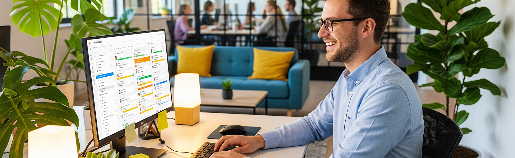 Man smiling while working on a computer in a modern office