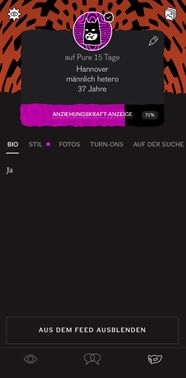 PURE nutzt eine „Anziehungskraft-Anzeige“, um dich zum Ausfüllen deines Profils zu motivieren. Ohne Fotos und ausgefüllte „Turn-ons“ bleibt deine Sichtbarkeit im Feed jedoch minimal.
