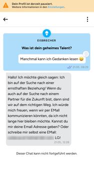 Solche Nachrichten bekommst du schon mal auf Finya. Da kannst du dir sicher sein, dass das Spam ist. Aber immerhin hat das Service-Team schnell reagiert und das Profil kurz darauf gelöscht.