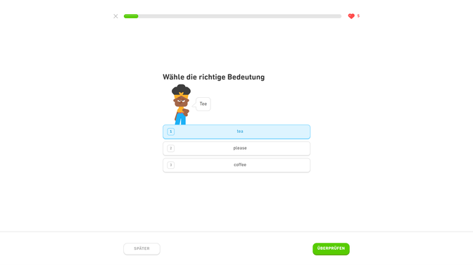 Bei Duolingo lernst du auch einfachste Vokabeln. Das ist ideal für Einsteiger:innen, alle anderen werden aber eher die Nase rümpfen