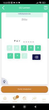 Bei MosaLingua musst du viele Buchstaben antippen. Freies Schreiben gibt es nicht.