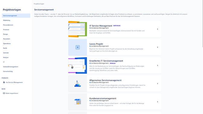 Das ITSM-Tool von Jira bietet dir eine Vielzahl an Projektvorlagen für die verschiedensten Anwendungsfälle