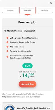 Was ich definitiv loben möchte, sind die Angebote bei ElitePartner. 14,95 € pro Monat kostet die Mitgliedschaft (12 Monate) nur noch abzüglich des Rabatts. Das ist fast so günstig wie das Tinder-Plus-Abo.