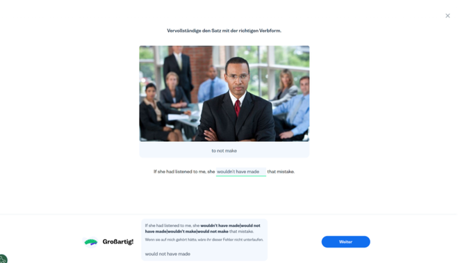 Der Einstufungstest dauert nicht besonders lang, stellt aber auch Fragen zur komplexeren Grammatik und ist damit erfreulich präzise