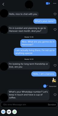 Im Test bin ich auf super viele Fake-Profile gestoßen (leider keine Seltenheit bei Casual Dating Seiten). Hinter einigen steckten gut organisierte Scammer, hinter anderen – so wie im Screenshot – plumpe Bots.