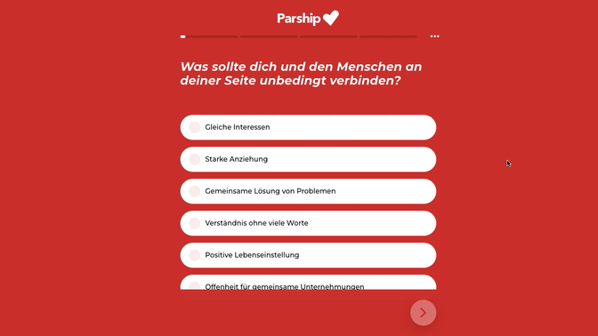 Welche Partnerbörse ist die Beste? Vielleicht eine, die direkt mit einem ausführlichen Persönlichkeitstest beginnt. Dauert ein bisschen, aber mir hat das Ausfüllen trotzdem Freude bereitet. Es ist auch ganz einfach!