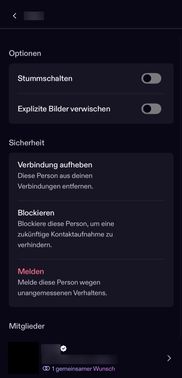 Melden und blockieren funktioniert hier sehr einfach. Falls dich eine Person einfach nur nervt oder du keine Lust mehr auf chatten hast, dann kannst du auf “Verbindung aufheben” tippen.