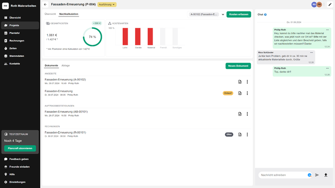 Die Projektansicht von plancraft liefert dir alle wichtigen Informationen zu Aufgaben, Dokumenten und Projektdetails