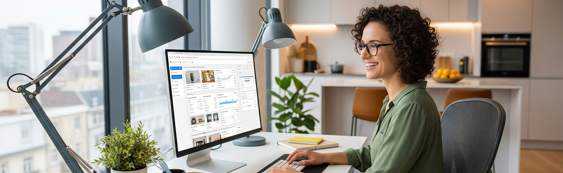Woman working on computer in modern home office