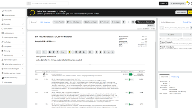 Die Angebots- und Dokumentenerstellung ist in HERO exzellent umgesetzt