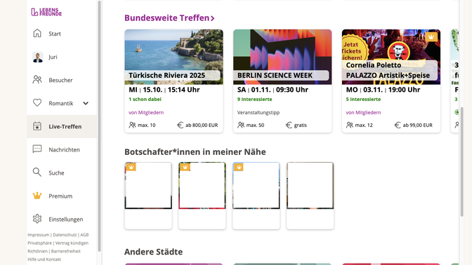 Im Reiter “Live Treffen” kannst du alle aktuellen Veranstaltungen einsehen und daran teilnehmen, falls Interesse besteht. Die Auswahl ist wirklich groß!