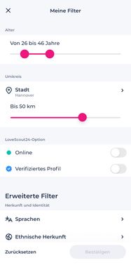Die Filter halten die Altersvorgaben zu einhundert Prozent ein, und auch die Anzeige, wer gerade wirklich aktiv ist, arbeitet fehlerfrei. Doch wer auf den Kilometer genau in der Nachbarschaft suchen will, wird enttäuscht: Der Entfernungsfilter versagte in der Stichprobe im Partnerbörse Test komplett und lieferte kein einziges Mal ein Ergebnis innerhalb des gewünschten Radius.
