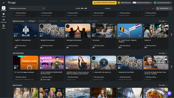 Grundsätzlich erinnert LingQ mit seiner Oberfläche an On-Demand-Anbieter wie Netflix. In dieser Ansicht findest du z. B. kuratierte Kurse von LingQ, besonders beliebte Inhalte und Nachrichten.