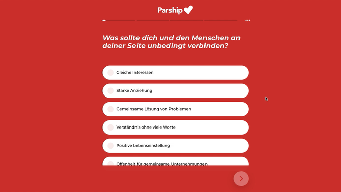 Die beste Partnervermittlung ab 50 startet rein mit einem  Persönlichkeitstest. Er fragt ganz unterschiedliche Bereiche ab. Allem voran natürlich, wie du dir deine zukünftige Partnerin oder Partner vorstellst.