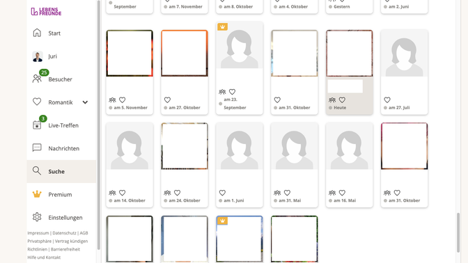Leider ein häufiger Anblick bei Lebensfreunde; viele Profile ohne Fotos. Und wenn du mal auf die Daten schaust, wann die Profile (auch diejenigen mit Foto) online waren, dann liegt das letzte Datum häufig Wochen, teilweise Monate in der Vergangenheit. Die Aktivität der Mitglieder ist nicht so berauschend.