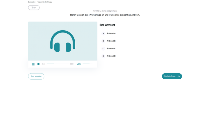 TV5 Monde bietet einen Einstufungstest, um dein ungefähres Sprachniveau zu ermitteln. Doch für Anfänger:innen ist der Test viel zu schwierig, da die Antwortmöglichkeiten nur vorgelesen werden. Wenn du kaum Vorkenntnisse hast, hast du so keine Chance, überhaupt nur eine Frage richtig zu beantworten.