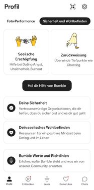 Mega nice ist das umfangreiche Sicherheitscenter. Das zeigt, dass es Bumble auch dein Wohl geht.