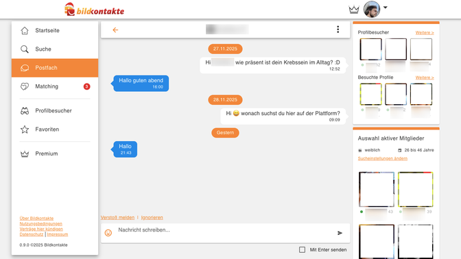 Immerhin lief von acht Chats nur einer SO ab. Offensichtlich ein Bot, der immer nur dasselbe redet. Zum Vergleich, auf Tinder würde gefühlt jeder dritte Chat so ablaufen. Ich schließe daraus, dass Bildkontakte durchaus etwas gegen Fake-Profile tut.