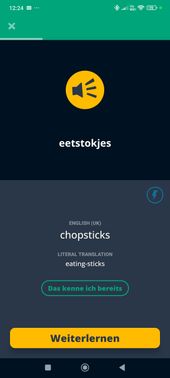 Memrise geht sehr flexibel vor: Zu Beginn jeder Lektion wählst du selbst aus, ob du eine Vokabel lernen möchtest – oder ob du sie schon kennst. Cool: Mit der wörtlichen Übersetzung erfährst du, wie sich ein Wort zusammensetzt.
