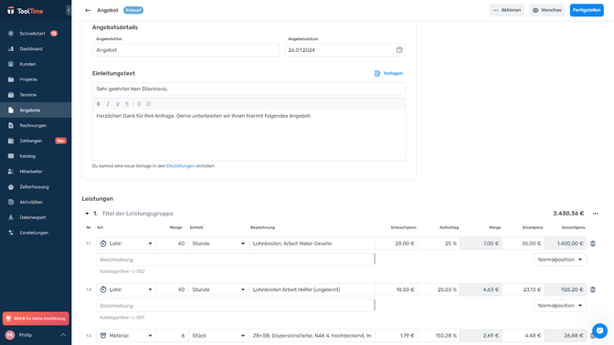 ToolTime ermöglicht die Angebots- und Auftragserstellung mit wenigen Klicks und spart so deutlich Zeit