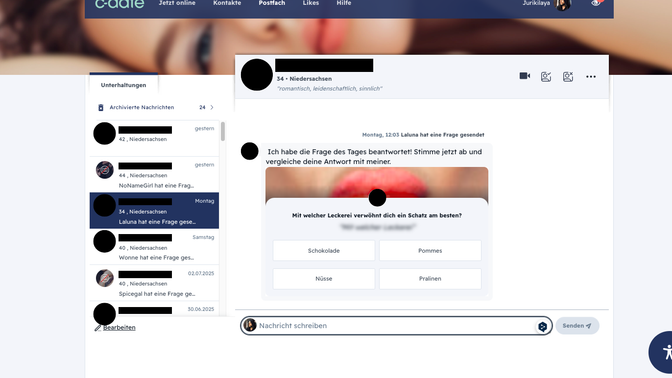 An sich eine coole Sache. Auf C-Date gibt es Eisbrecher, mit denen du in eine Konversation starten kannst.