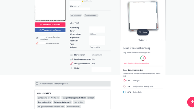 Die Profile sind hier sehr nüchtern gehalten und fokussieren sich stark auf Hardfacts. Theoretisch gibt es noch verschiedene Freitextfelder als Ergänzung. Davon macht aber kaum jemand Gebraucht.