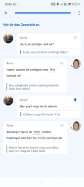 Toll: Schon die Abschluss-Konversation der dritten Lektion hat mich extrem überfordert. Per Ausschlusskriterium konnte ich sie so gerade noch bestehen – aber inhaltlich war mir das trotz 1:1-Übersetzung viel zu viel.