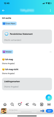 Zum Thema niedrige Profilqualität… Finya bietet super viele Freitextfelder, also theoretisch genug Möglichkeiten, sich auszutoben. Leider nutzen das nicht allzu viele.