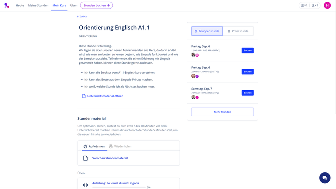 Los geht’s bei Lingoda mit einem Orientierungskurs. Der ist zwar nicht Pflicht; er verschafft dir aber einen Überblick über die Lerninhalte der Kurse zu den verschiedenen Sprachniveaus.