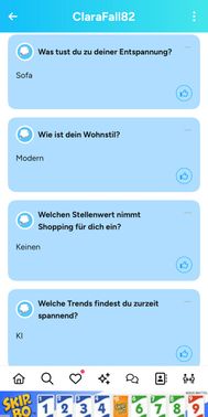 Die Finya-Profile enthalten 100(!) Fragen, die du beantworten kannst. An sich ziemlich cool, weil du viel über dich erzählen kannst. Nur werden sie von vielen Usern sehr einsilbig beantwortet, wodurch aus den potenziell vielen Textfeldern bloße Stichpunkte werden.