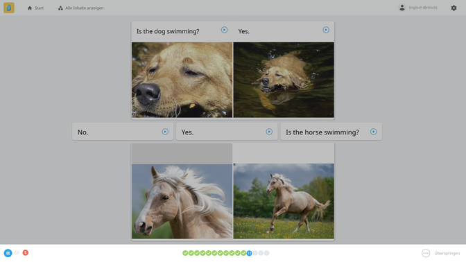 Die Übungen von Rosetta Stone sind immersiv. Das heißt in diesem Fall, dass auf Übersetzungen verzichtet wird und du dir die korrekten Antworten anhand des Kontextes erschließen sollst. Es macht auch keinen Unterschied, ob du per Webseite oder App lernst; die Inhalte sind dieselben.