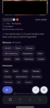 Auf Feeld kombinieren viele mehrere Wünsche gleichzeitig – von emotionaler Nähe bis Kink. Du siehst sofort, wie jemand tickt und was er sucht. Das macht die Plattform deutlich offener als klassisches Dating.