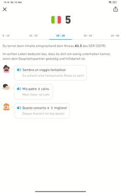 Der Italienischkurs von Duolingo orientiert sich am GER. Duolingo verwendet aber sein eigenes Levelsystem. Über das Grundniveau A1 kommst du nicht hinaus – viele andere Apps bringen dich aber nicht weiter.