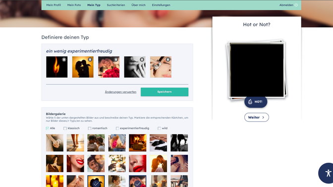 Eine der größten Besonderheiten auf C-Date - die Typeneinteilung der Profile: Such dir erst eine Kategorie aus (klassisch, romantisch, wild, experimentierfreudig) und hinterher ein passendes Foto. Bis zu fünf Fotos kannst du auswählen. C-Date berechnet im Anschluss den Durchschnitt aus den Fotos und schon hast du deinen Profiltyp!