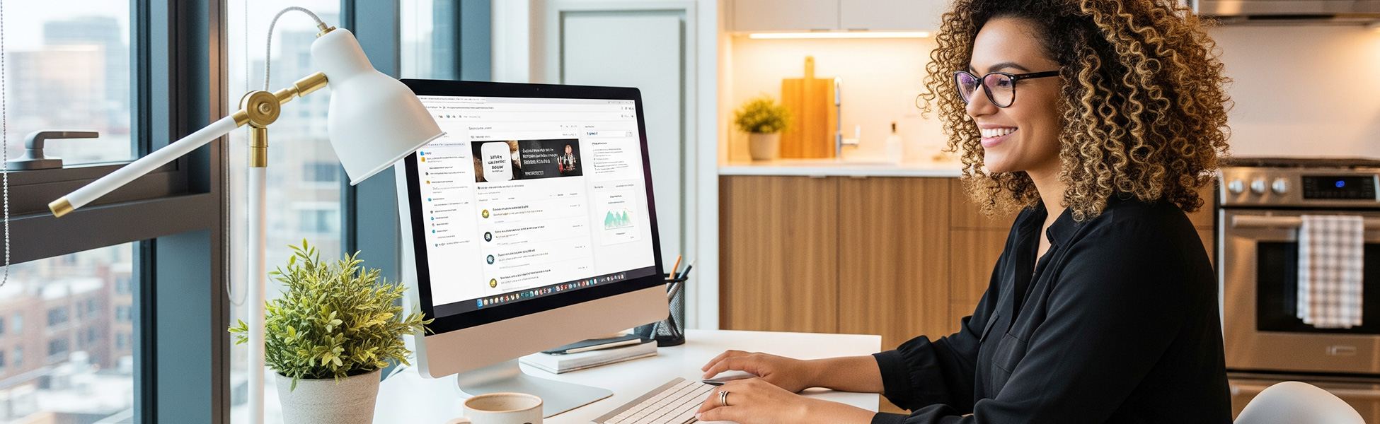 Woman with curly hair smiling while working on a computer in a modern kitchen