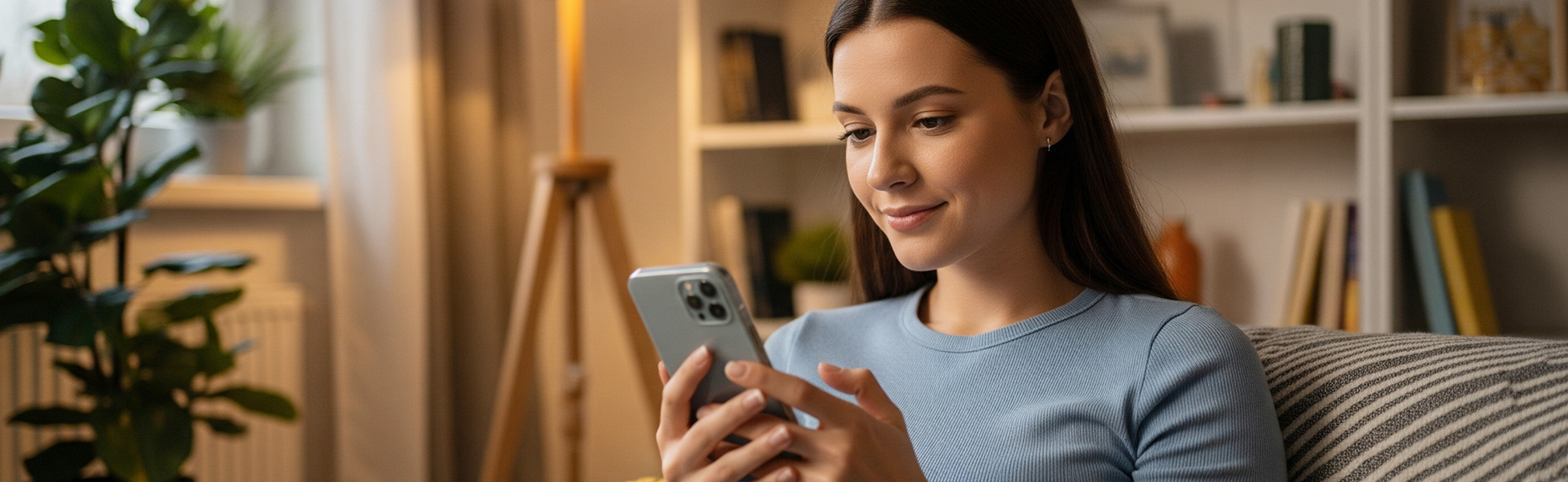 Young woman looking at her smartphone while sitting on a couch in a living room.