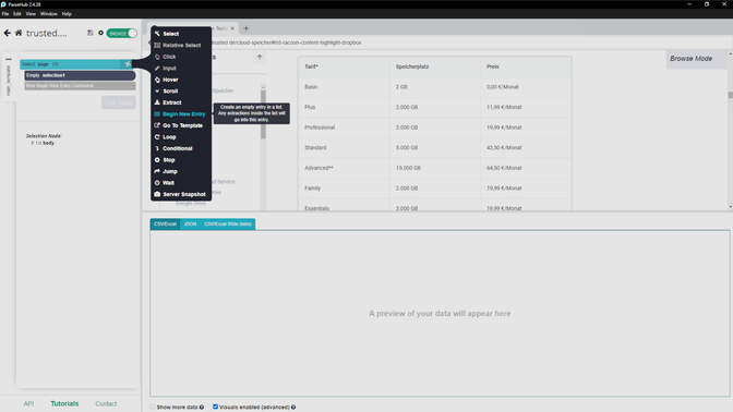 Die meisten Funktionen von ParseHub benötigen keine Code-Eingaben und sind auch für Anfänger:innen einfach zu verstehen