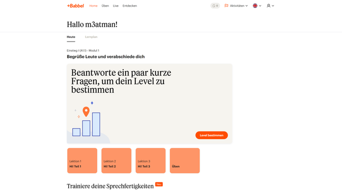 Um nicht von vorne anfangen zu müssen, kannst du bei Babbel einen kostenlosen Einstufungstest absolvieren. Er fragt Inhalte der verschiedenen Sprachniveaus von A1 bis C1 ab und empfiehlt dir dann ein Level, auf dem du starten kannst. Obwohl er nur 10 Minuten dauert, ist er erfreulich präzise. Passt das Level doch nicht, kannst du jederzeit den Kurs wechseln. Top!