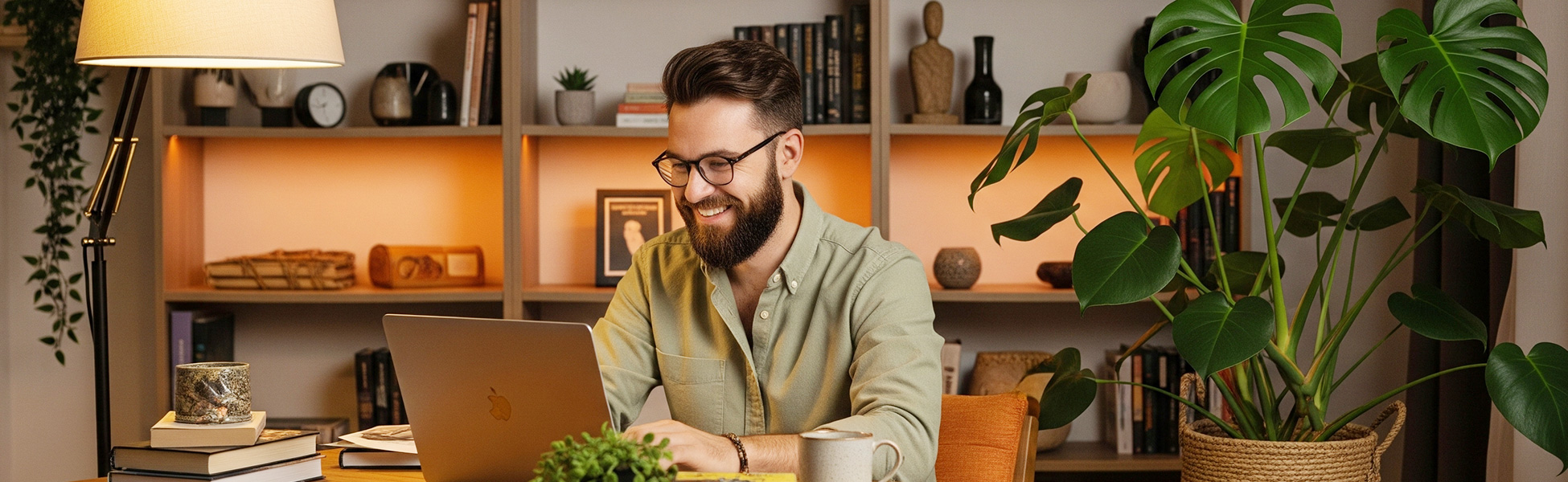 Man working on laptop in a well-lit home office with bookshelves and a plant