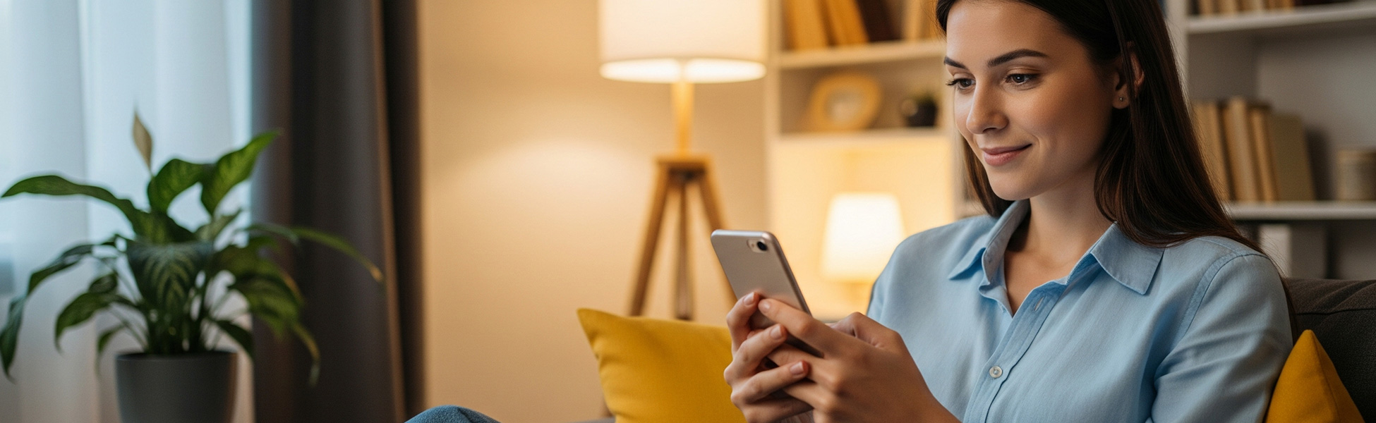 Woman in blue shirt using smartphone in living room