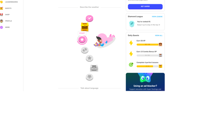 Im kostenlosen Tarif von Duolingo lernst du nach einem festen Lernpfad. Und mehr gibt’s dann auch tatsächlich nicht zu tun.