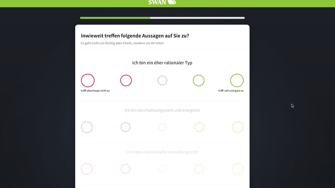 Der Persönlichkeitstest braucht ein bisschen, aber er ist ziemlich einfach und intuitiv. Im Prinzip geht es darum, leichte Frage zum eigenen Charakter, den Gewohnheiten und Vorstellungen auf einer Skala zu beantworten.